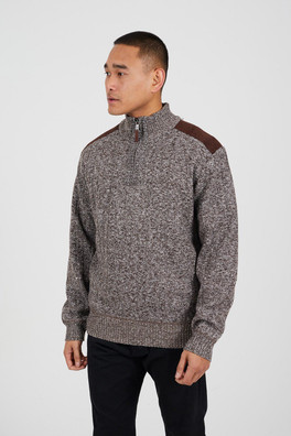 Quarter Zip Funnel Neck Mens Jumper - Brown