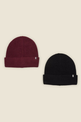 Tornio Mens 2 Pack Knitted Beanie Hat - Burgundy/Black