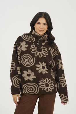 Quarter Zip Womens Flower Print Sherpa Fleece - Chocolate