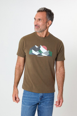 Mens Peached Cotton Graphic Print T-Shirt - Khaki