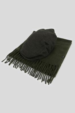Milland Mens Herringbone Flat Cap and Scarf Set - Green