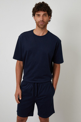 Relaxed Fit Mens Peached Cotton Shortie Lounge Set - Navy