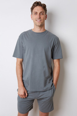 Relaxed Fit Mens Peached Cotton Shortie Lounge Set - Blue