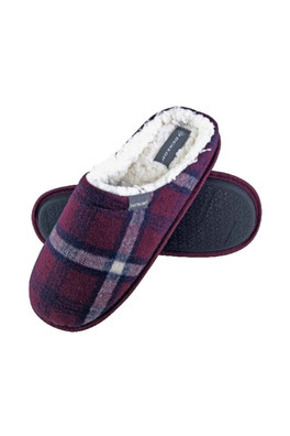 Mens Fleece Lined Mule Checked Slippers - Red