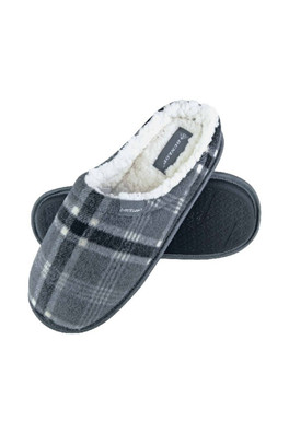 Mens Fleece Lined Mule Checked Slippers - Grey