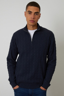 Cable Knit Mens Quarter Zip Jumper - Navy