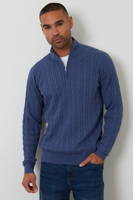 Cable Knit Mens Quarter Zip Jumper - Blue