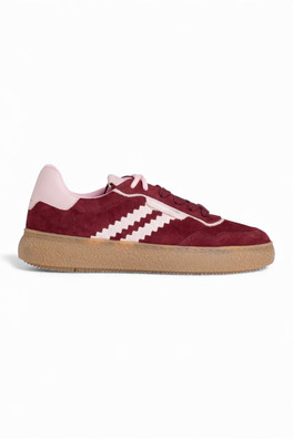 Womens Leopard Leather Stripe Lace Up Sneakers - Burgundy