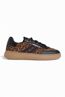 Womens Leopard Leather Stripe Lace Up Sneakers - Brown