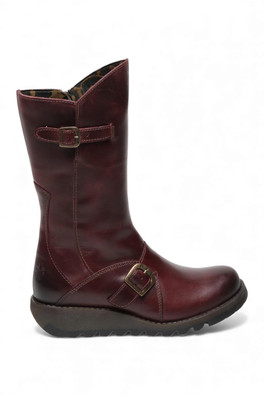 Womens MES 2 Wedge Heel Buckle Leather Zip Boots - Burgundy