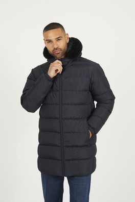 Mens Longline Padded Jacket With Faux Fur Hood - Black