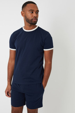 Contrast Binding Short Mens Lounge Set - Navy
