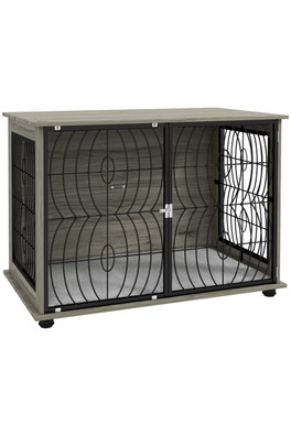 Furniture Dog Crate End Table with Cushion - Grey