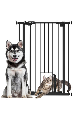 Extra Tall Dog Gate with Cat Door - Black