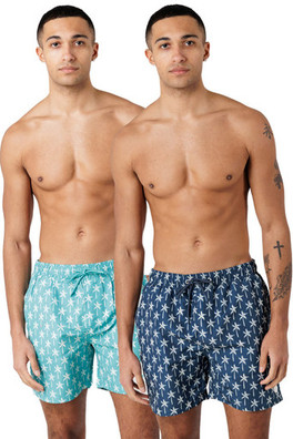 Mens 2-Pack Palm Tree and Logo Print Swim Shorts - Teal