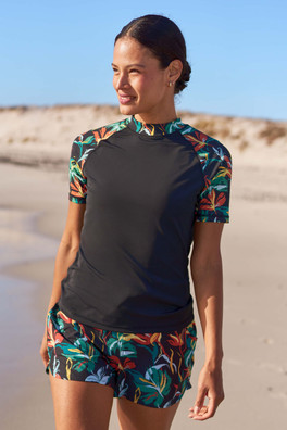 Womens Patterned Rash Vest - Jet Black