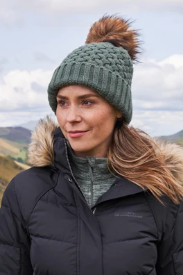 Lisbon Sherpa Lined Womens Thermal Pom-Pom Beanie - Khaki