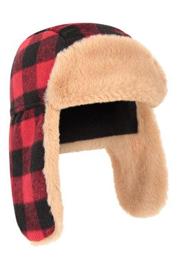 Kids Gingham Thermal Trapper Hat - Dark Red
