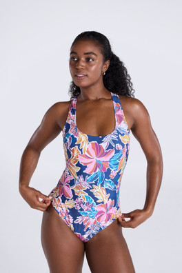 Mia Womens Cross Back Printed Swimsuit - Navy