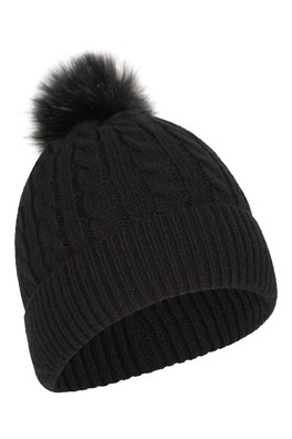 Plush Fur Lined Womens Pom Beanie - Black