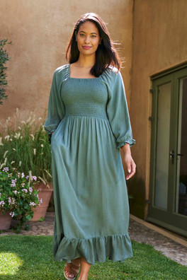 Cadiz Womens Full Sleeve Shirred Dress - Khaki