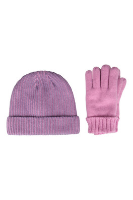 Isotherm Ribbed Kids Fur Lined Beanie Glove Set - Pink