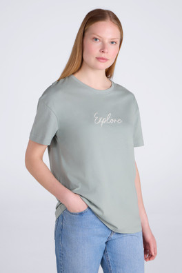 Printed Womens Explore Relaxed Fit T-Shirt - Light Khaki