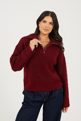 Zip Neck Womens Boucle Yarn Jumper - Wine