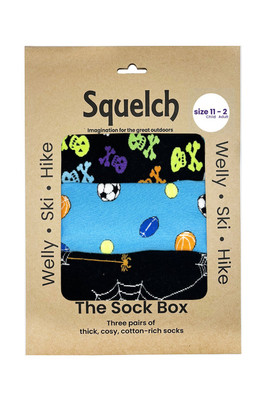 Set of Three Junior Welly Socks in a Gift Box - Sports/Skulls/Cobwebs