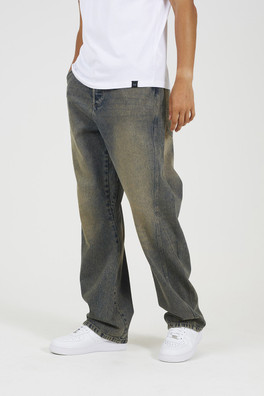 Wide Leg Mens Seam Detail Denim Jeans - Mid Blue