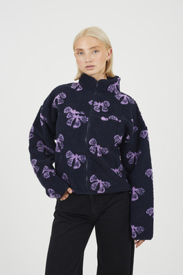 Bow Print Zip Through Womens Sherpa Fleece - Navy