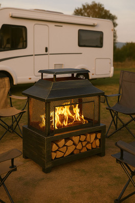 Black Outdoor Fire Pit Log Burner With Storage - Black