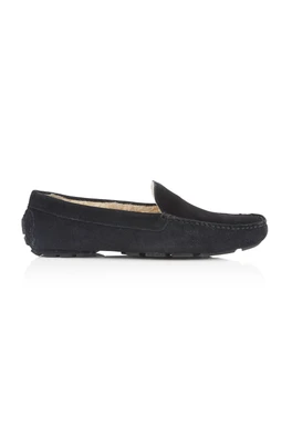 Lawrence Mens Leather Fleece Loafer Slippers - Black
