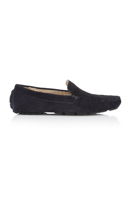 Lawrence Mens Leather Fleece Loafer Slippers - Navy