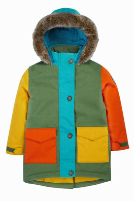 Kids Waterproof Sherpa Lined Penhale Parka Coat - Khaki Colourblock