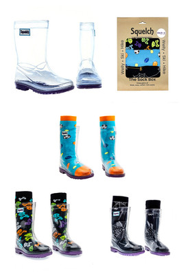 Junior Transparent Welly Boots and Sock Package - Sports/Skulls/Cobwebs