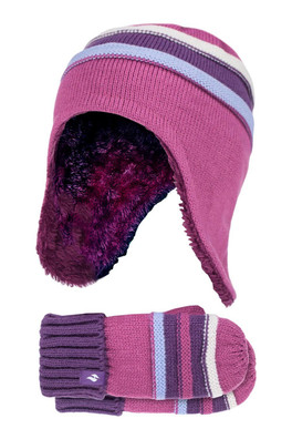 Kids Winter Trapper Hat and Mitten Set - Pink