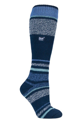 Womens Knee High Thermal Ski Socks - Indigo Stripe