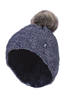 Womens Thermal Fleece Lined Pom Pom Hat - Blue