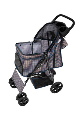Pet Stroller, Rain Cover & Caddy Bag - Blue Tartan
