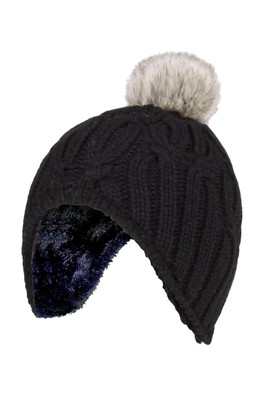 Kids Cable Knit Pom Pom Hat - Black