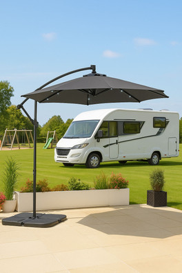 Freestanding Parasol with LED Lights + Water Base - Grey