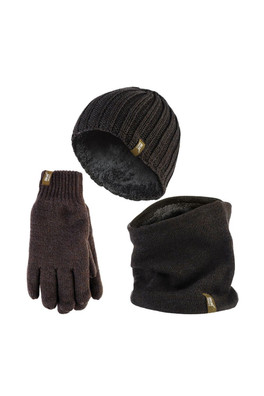 Mens Hat, Neck Warmer & Gloves Accessories Set - Khaki