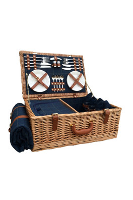 Wicker 4 Person Blue Tweed Picnic Basket - Blue