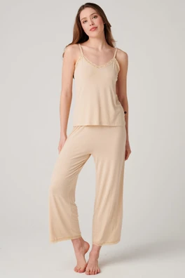 Womens Bamboo Lace Camisole Pyjama Set - Soft Sand