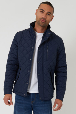 Funnel Neck Mens Diamond Quilted Jacket - Navy