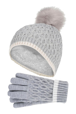 Kids Thermal Pom Hat and Gloves - Grey