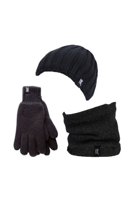 Mens Winter Hat, Neck Warmer Gloves Set - Black