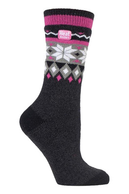 Womens Lite Winter Patterned Thermal Socks - Black/Pink