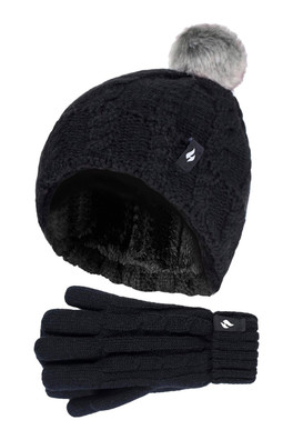Kids Cable Bobble Hat & Gloves Set - Black
